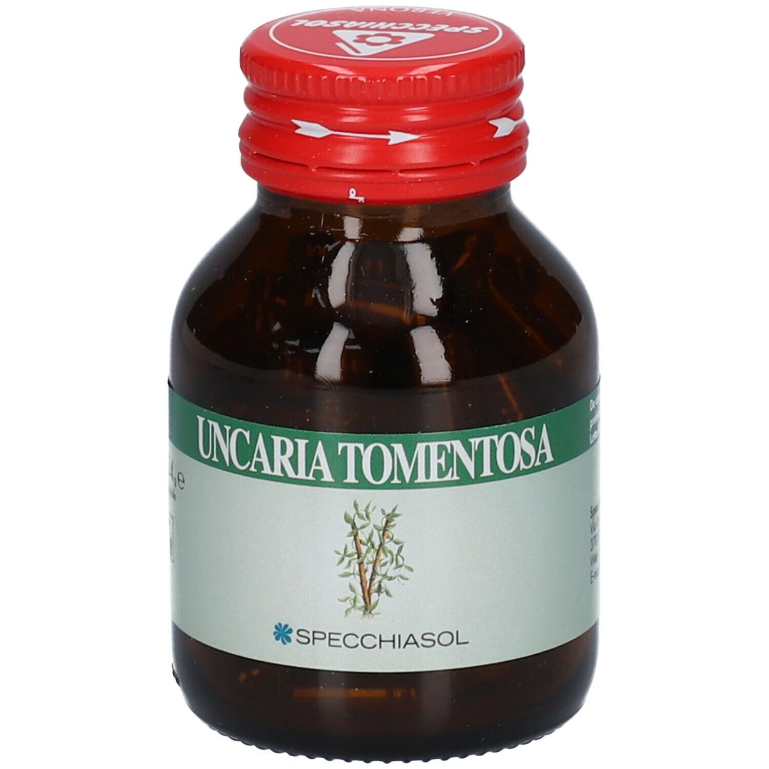 Flacone di vetro marrone con tappo rosso. Etichetta con testo: Uncaria Tomentosa, SPECCHIASOL. Illustrazione vegetale.