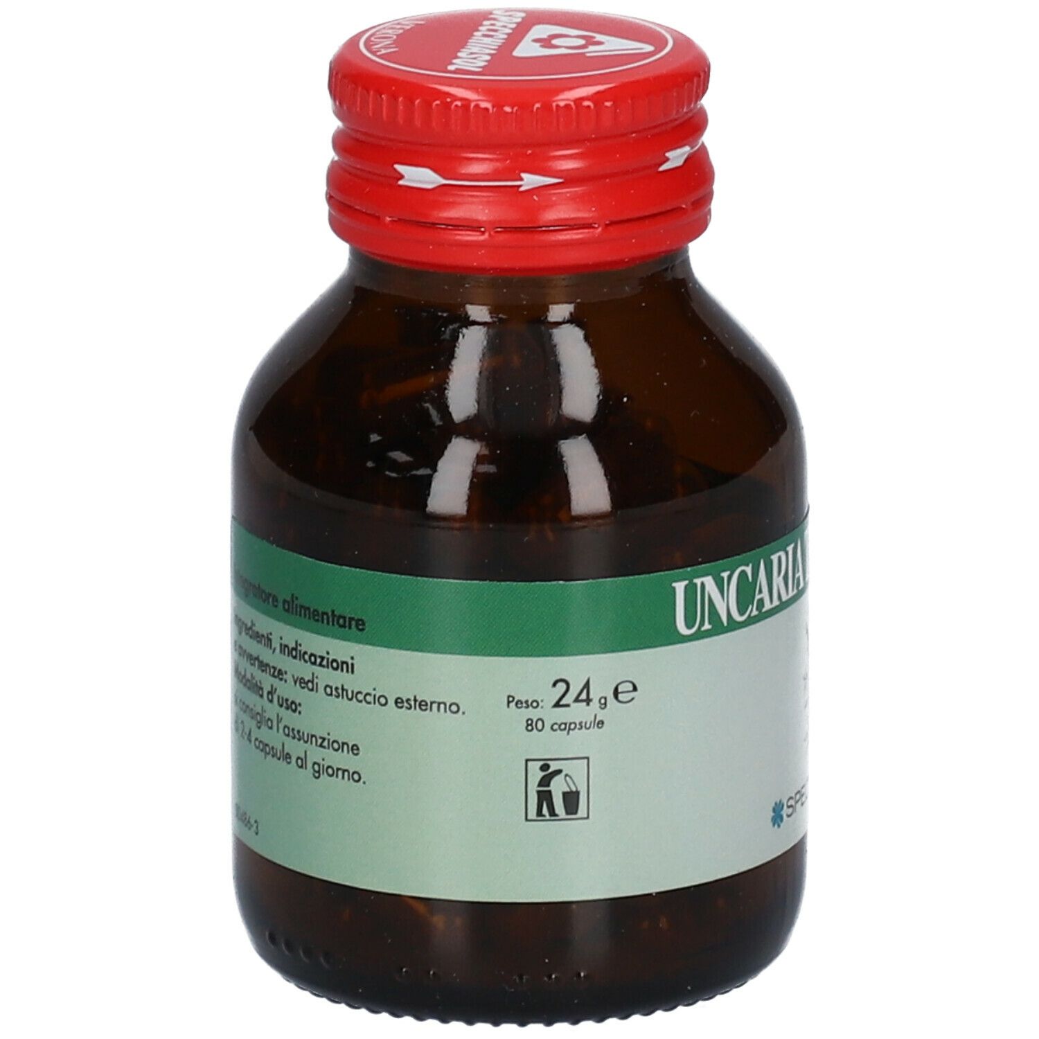Flacone di vetro marrone con tappo rosso. Etichetta con testo: Uncaria, 24,e, 80 capsule. Logo SPECCHIASOL.
