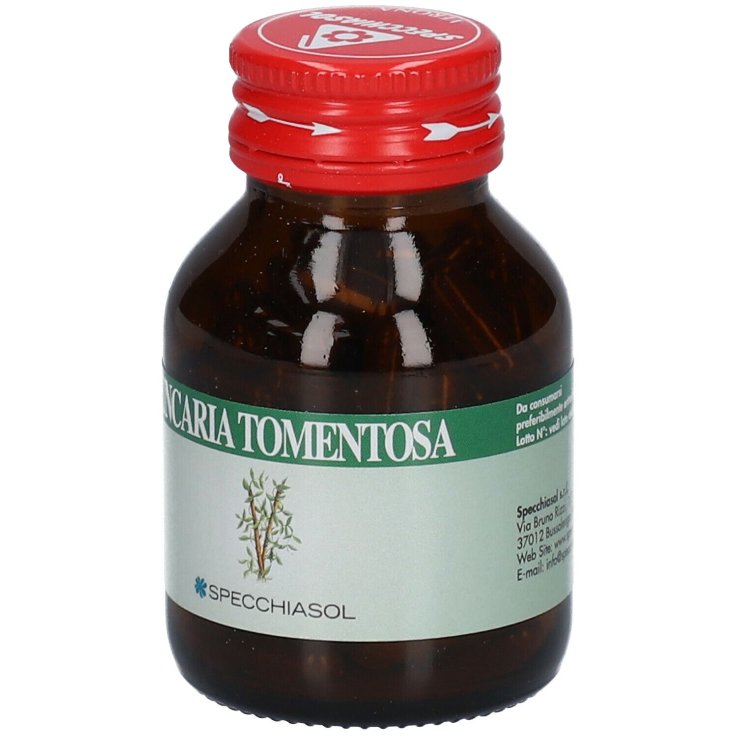 Flacone di vetro marrone con tappo rosso. Etichetta con testo: Uncaria Tomentosa, SPECCHIASOL. Illustrazione vegetale.