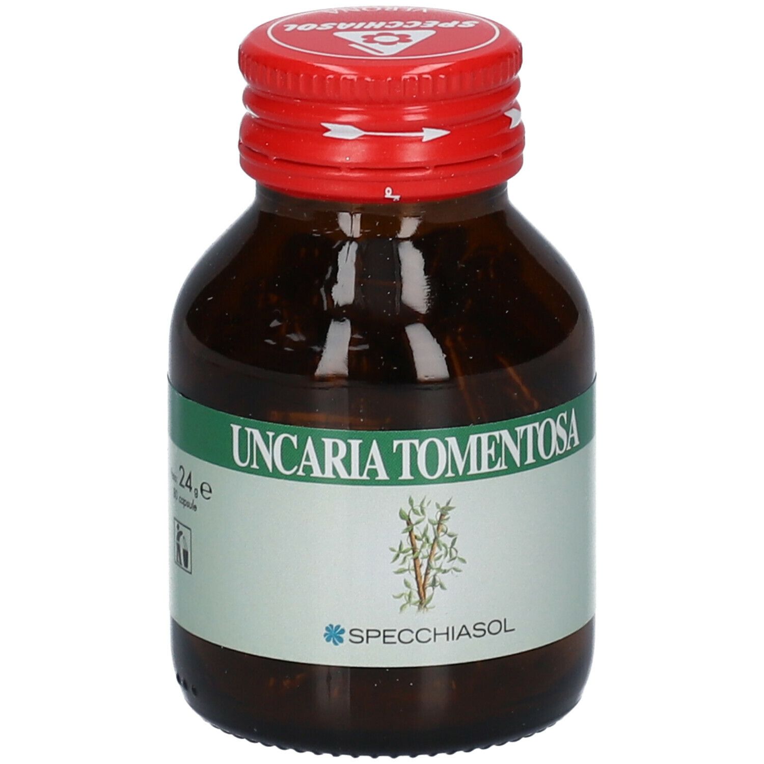 Flacone di vetro marrone con tappo rosso. Etichetta con testo: Uncaria Tomentosa, SPECCHIASOL. Illustrazione vegetale.