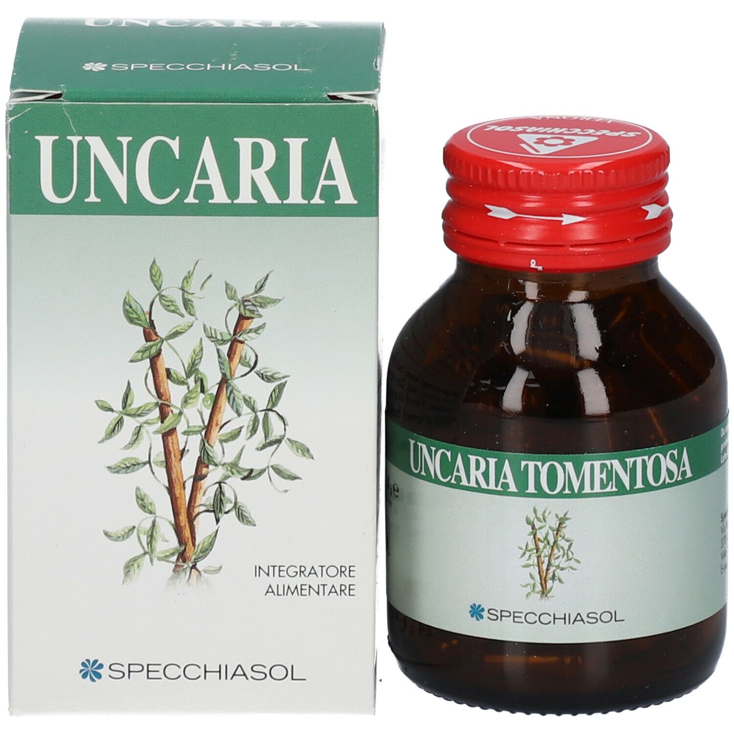 Confezione e flacone. Confezione con testo: Uncaria, Integratore Alimentare, logo SPECCHIASOL. Flacone con tappo rosso.