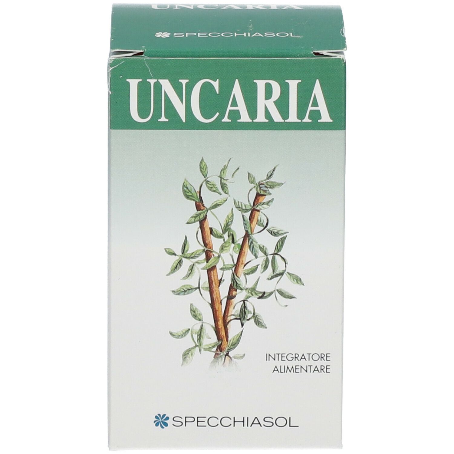 Confezione del prodotto. Testo: Uncaria, Integratore Alimentare, logo SPECCHIASOL. Illustrazione vegetale.