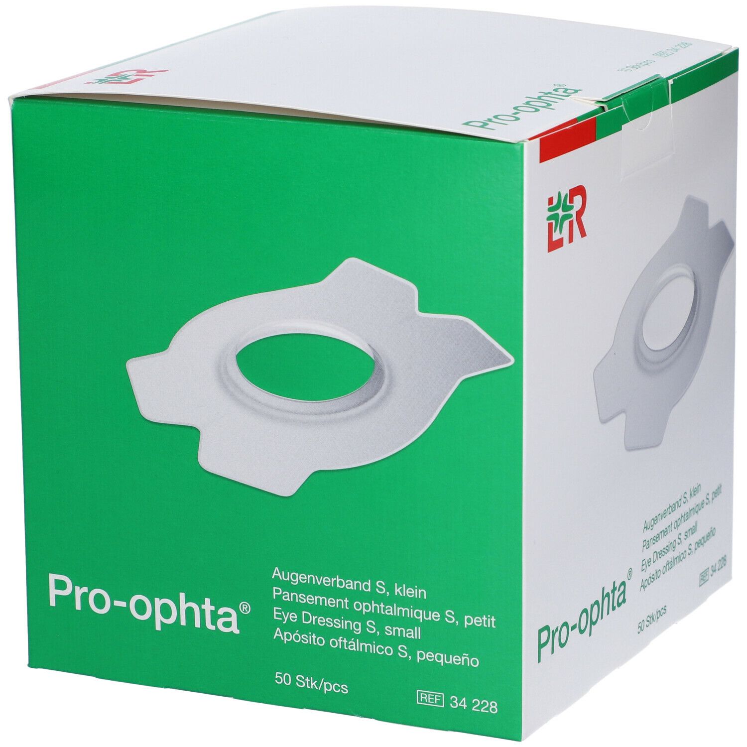 Scatola verde di medicazioni oculari Pro-ophta S, piccole. 50 pezzi. Logo LR. Sfondo bianco.