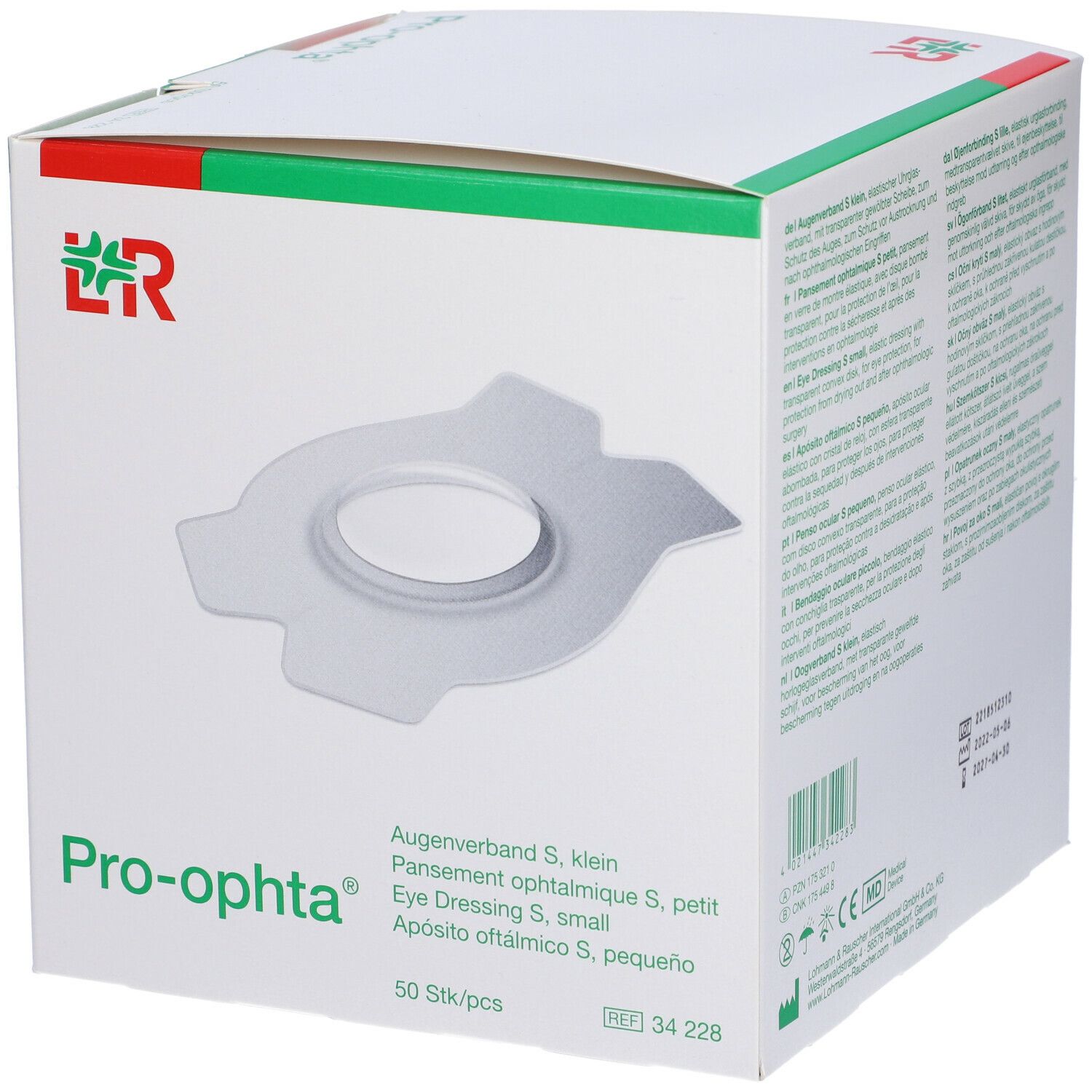 Scatola di medicazioni oculari Pro-ophta S, piccole. 50 pezzi. Logo LR. Sfondo bianco.