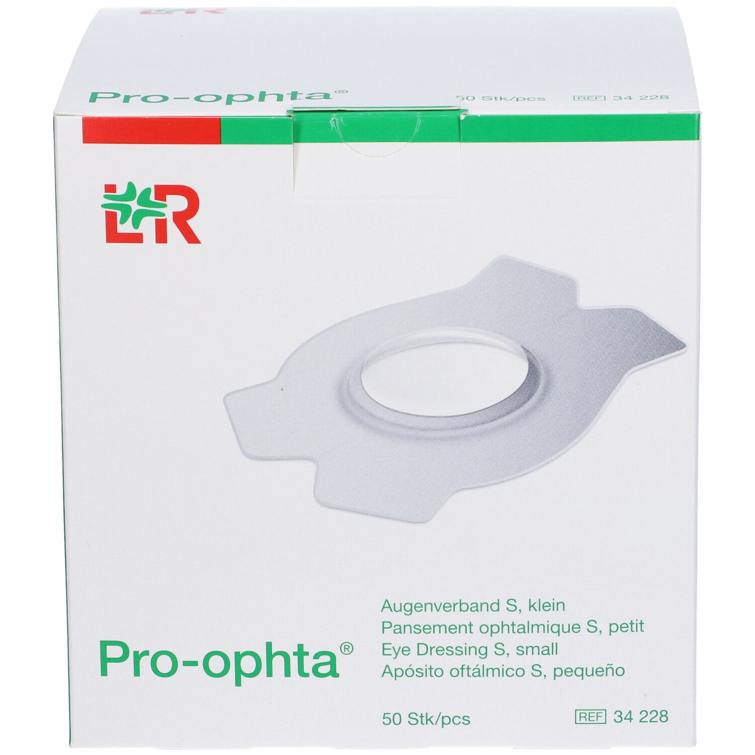Scatola di medicazioni oculari Pro-ophta S, piccole. 50 pezzi. Logo LR. Sfondo bianco.