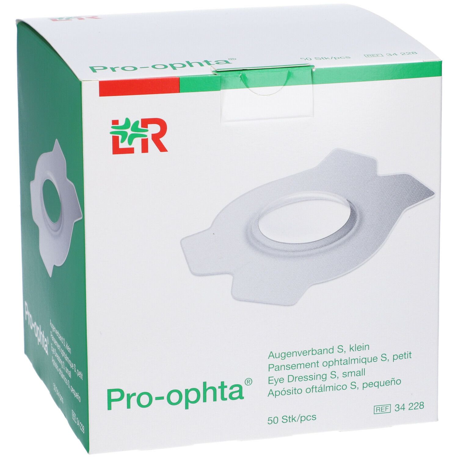Scatola di medicazioni oculari Pro-ophta S, piccole. 50 pezzi. Logo LR. Sfondo bianco.