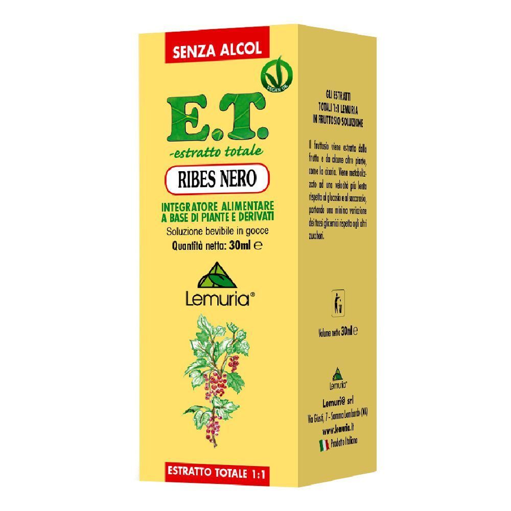 Scatola gialla con stampa del prodotto. Testo: E.T. Ribes Nero, estratti, 30ml. Logo: Lemuria. Senza alcool.