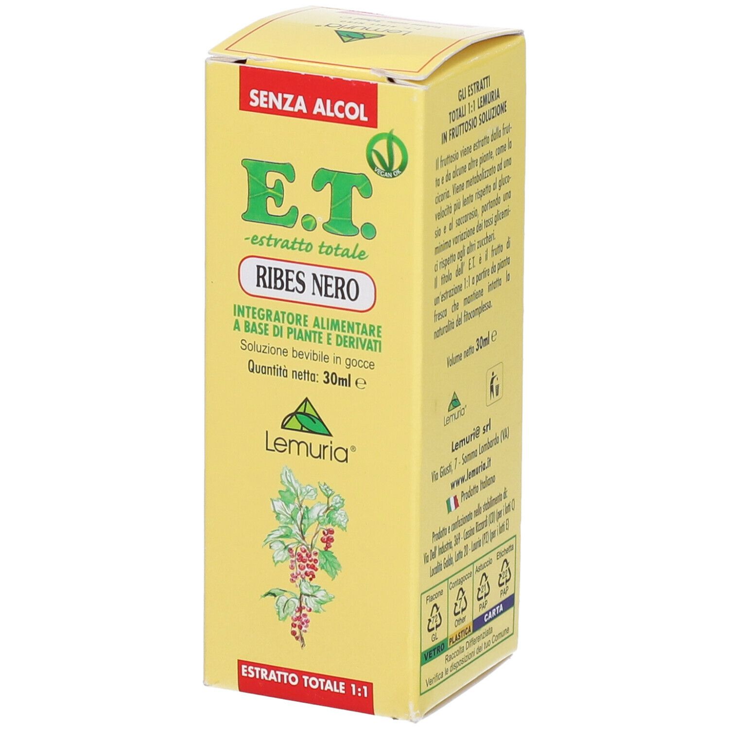 Scatola gialla con stampa del prodotto. Testo: E.T. Ribes Nero, estratti, 30ml. Logo: Lemuria. Senza alcool. Simboli di riciclaggio.
