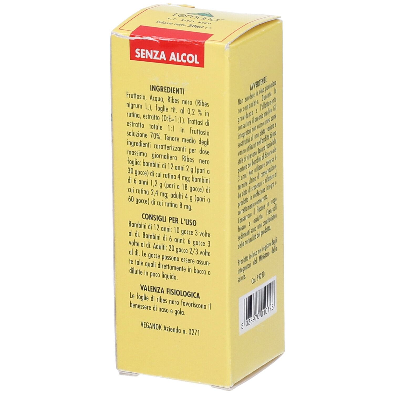 Lato della scatola gialla. Testo: Ingredienti, consigli per l'uso, Valenza fisiologica. Senza alcool. Logo: Veganok.