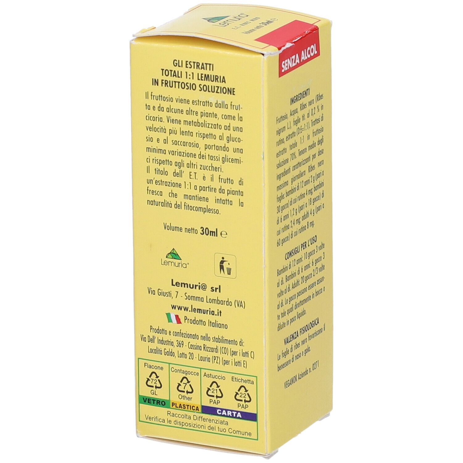Lato della scatola gialla. Testo: Estratti, volume 30ml, Logo: Lemuria, indirizzo. Senza alcool. Simboli di riciclaggio.
