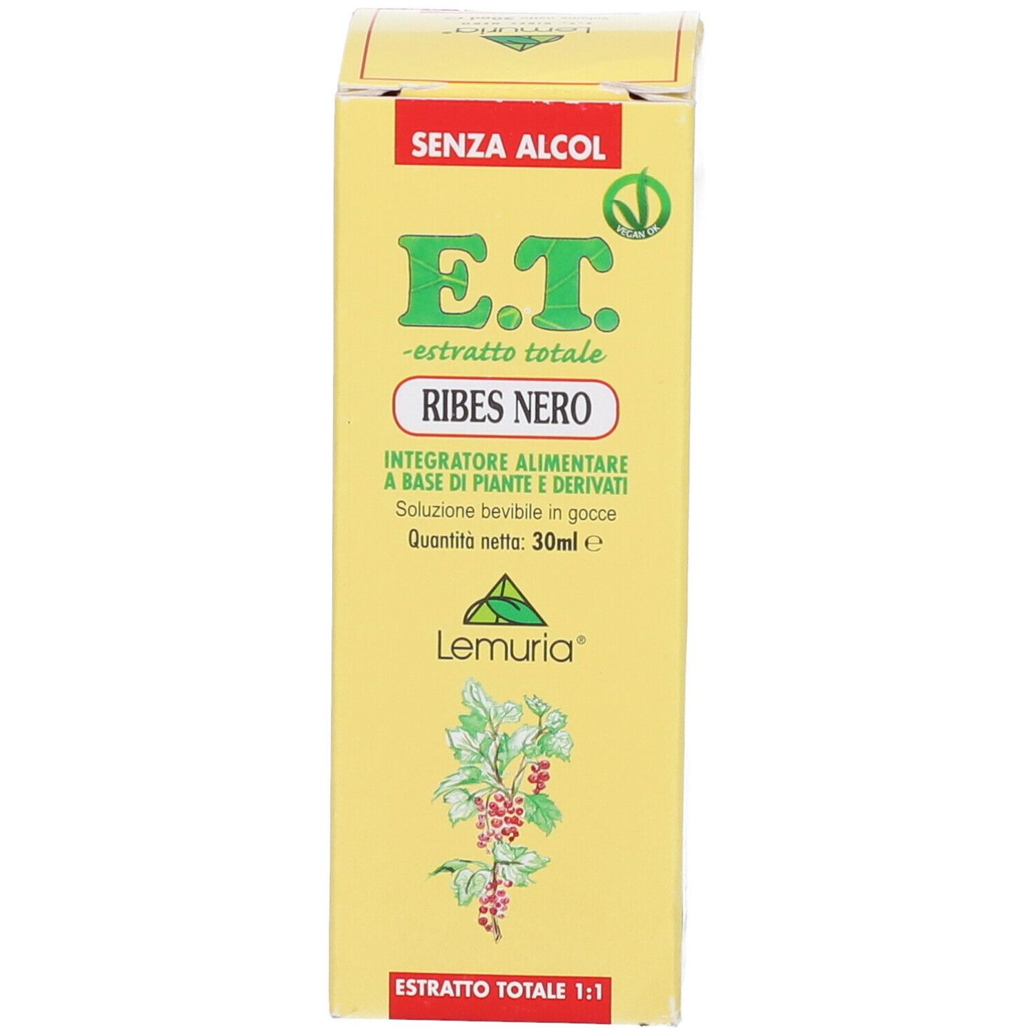 Scatola gialla con stampa del prodotto. Testo: E.T. Ribes Nero, estratti, 30ml. Logo: Lemuria. Senza alcool.