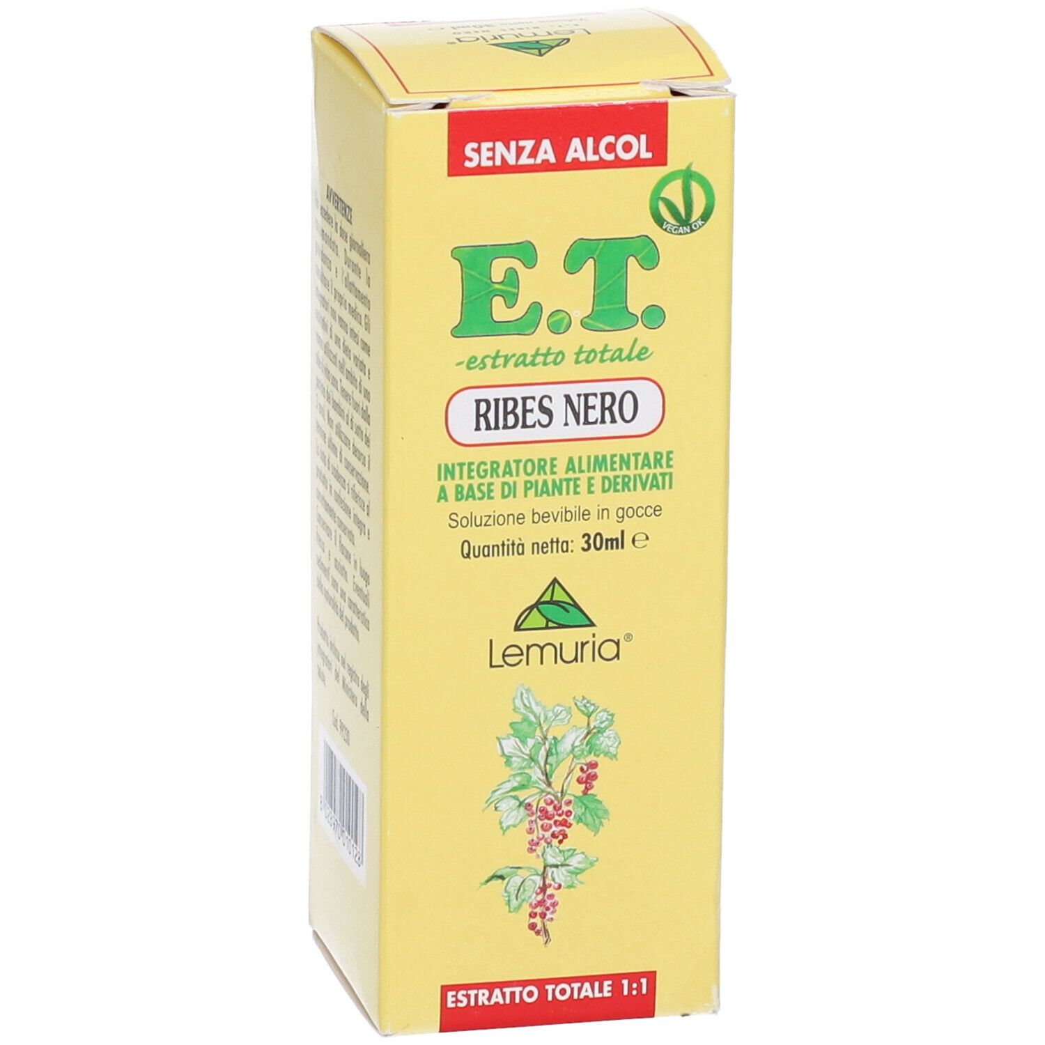 Scatola gialla con stampa del prodotto. Testo: E.T. Ribes Nero, estratti, 30ml. Logo: Lemuria. Senza alcool.