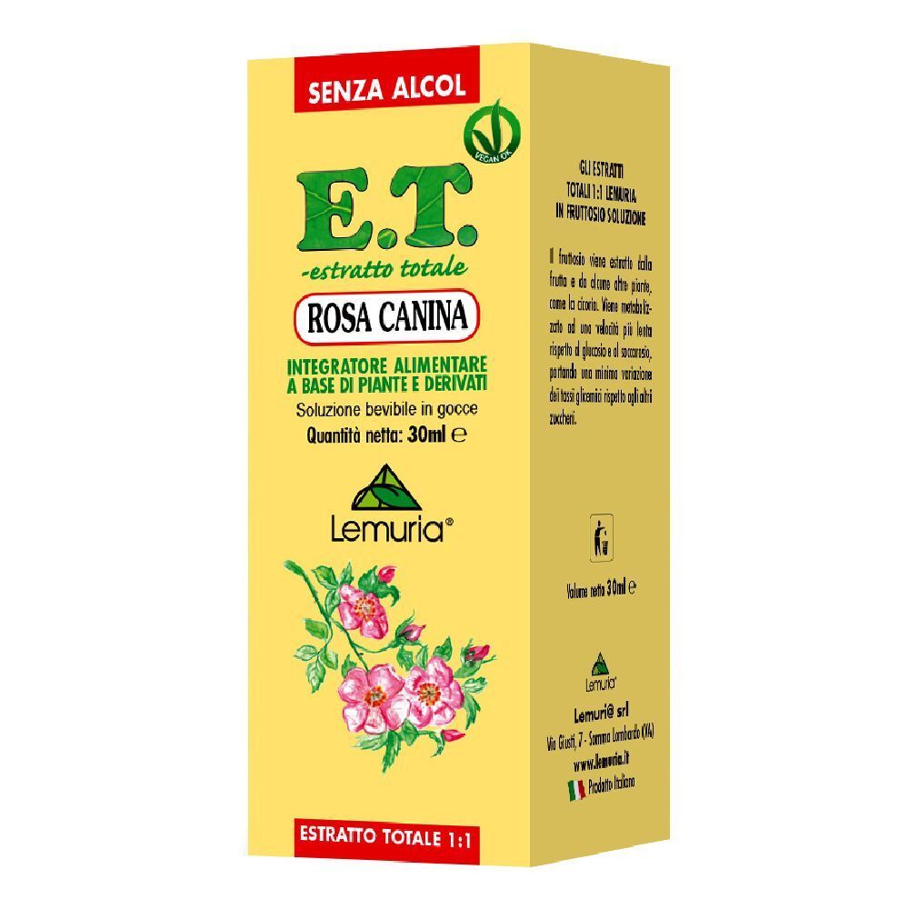 Scatola gialla con stampa del prodotto. Scritta: E.T. - Estratto Totale Rosa Canina. Con design floreale e logo.