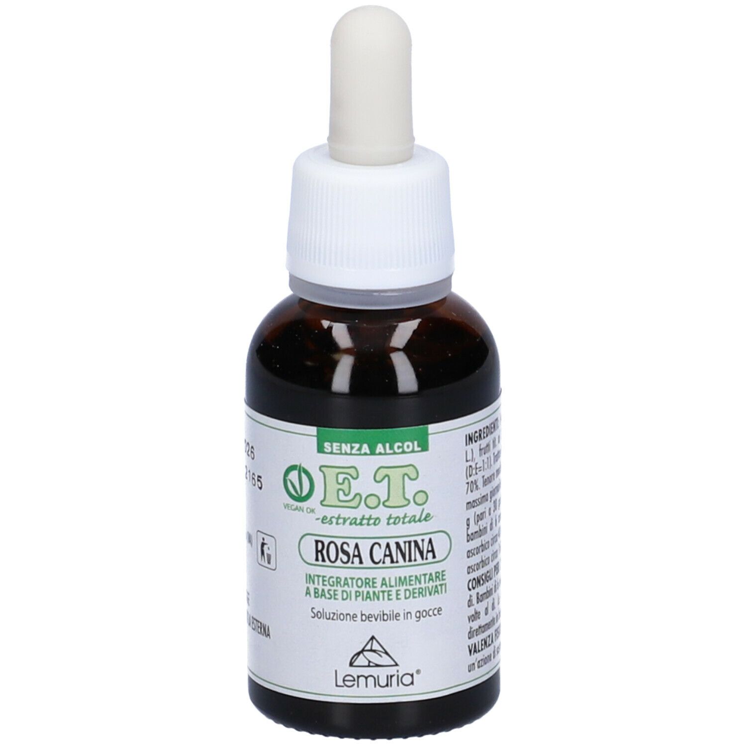 Flacone di vetro marrone con contagocce bianco. Scritta: E.T. - Estratto Totale Rosa Canina. Etichetta del prodotto con ingredienti.