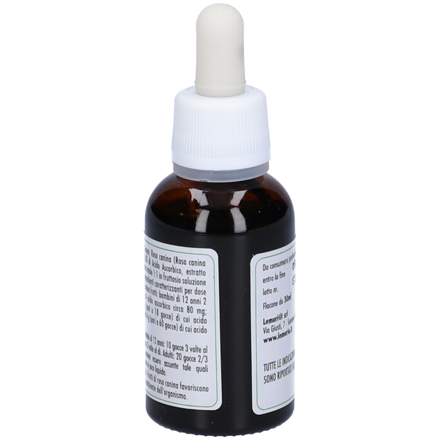 Flacone di vetro marrone con contagocce bianco. Etichetta con ingredienti e raccomandazioni di dosaggio per bambini e adulti.