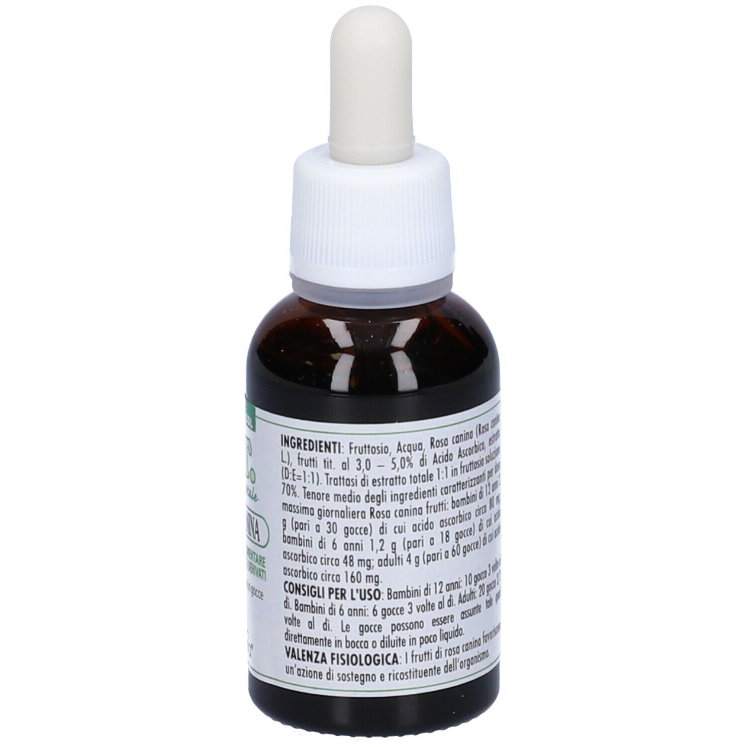 Flacone di vetro marrone con contagocce bianco. Etichetta con ingredienti, dosaggio e istruzioni per l'uso.