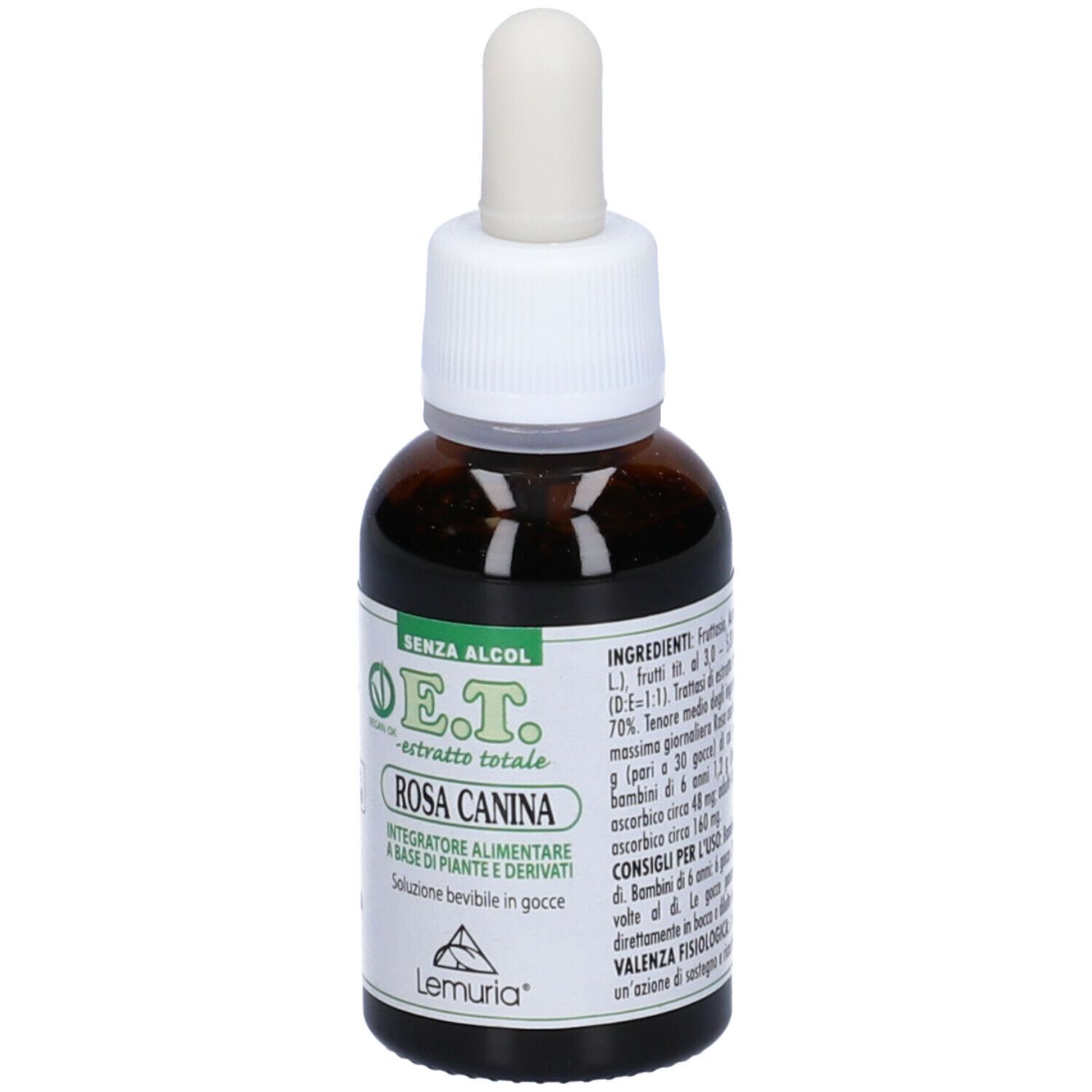 Flacone di vetro marrone con contagocce bianco. Scritta: E.T. - Estratto Totale Rosa Canina. Etichetta del prodotto con ingredienti.