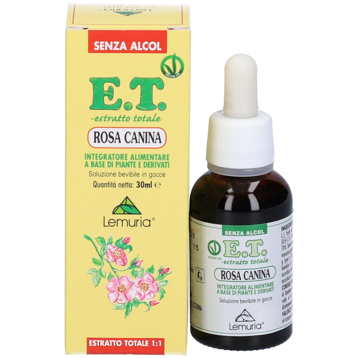 Confezione del prodotto: flacone con contagocce e scatola gialla. Scritta: E.T. - Estratto Totale Rosa Canina.