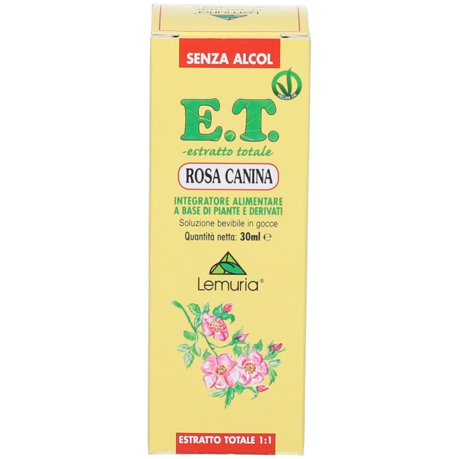 Scatola gialla con stampa del prodotto. Scritta: E.T. - Estratto Totale Rosa Canina. Con design floreale e logo.