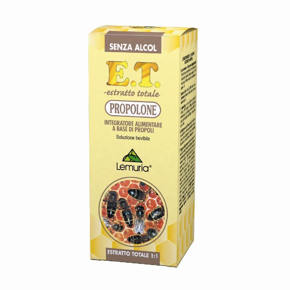 Scatola gialla con testo E.T. Propolone, Lemuria®. Immagine di api e favi.