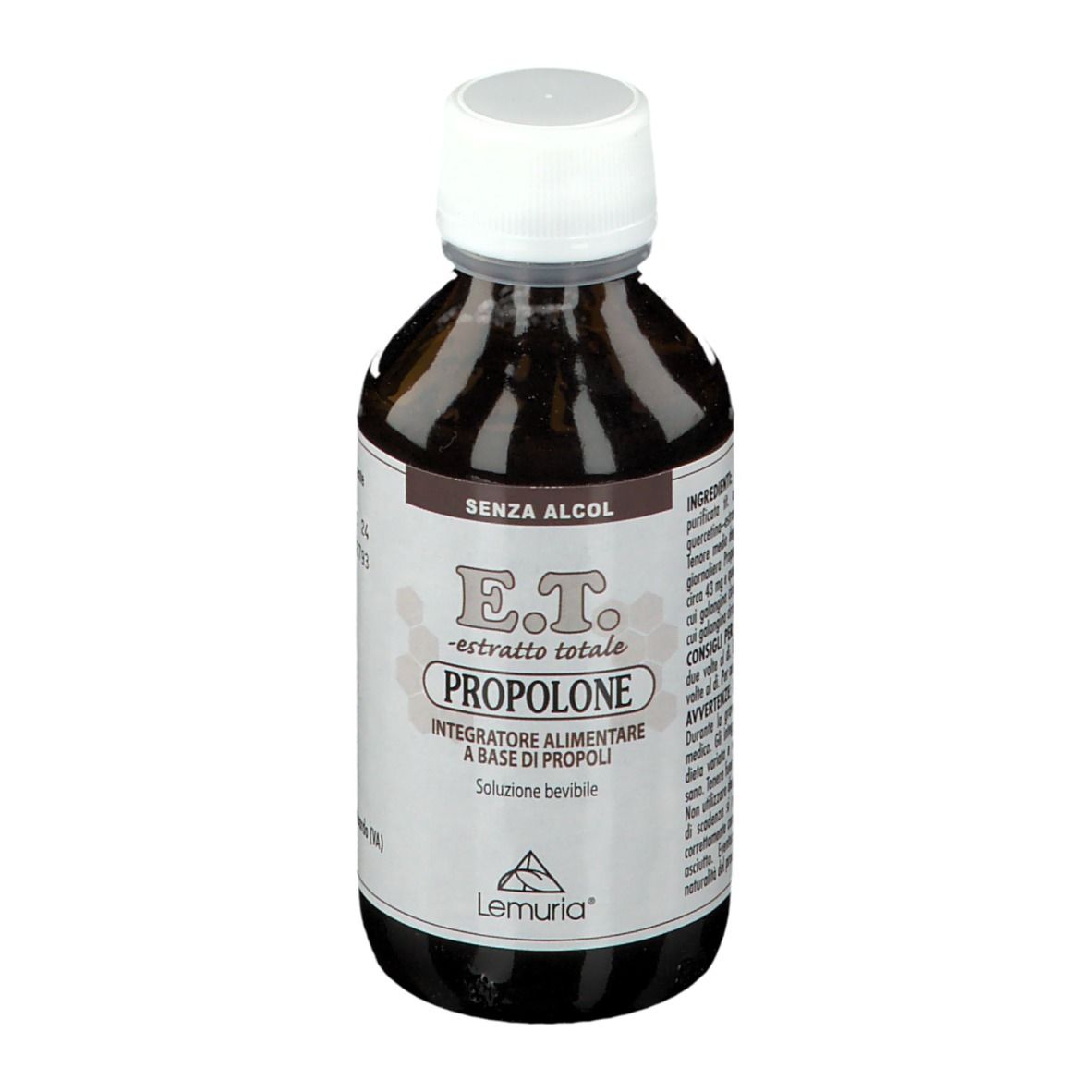 Liquido marrone in bottiglia con tappo bianco. Testo: E.T. Propolone, Lemuria®.