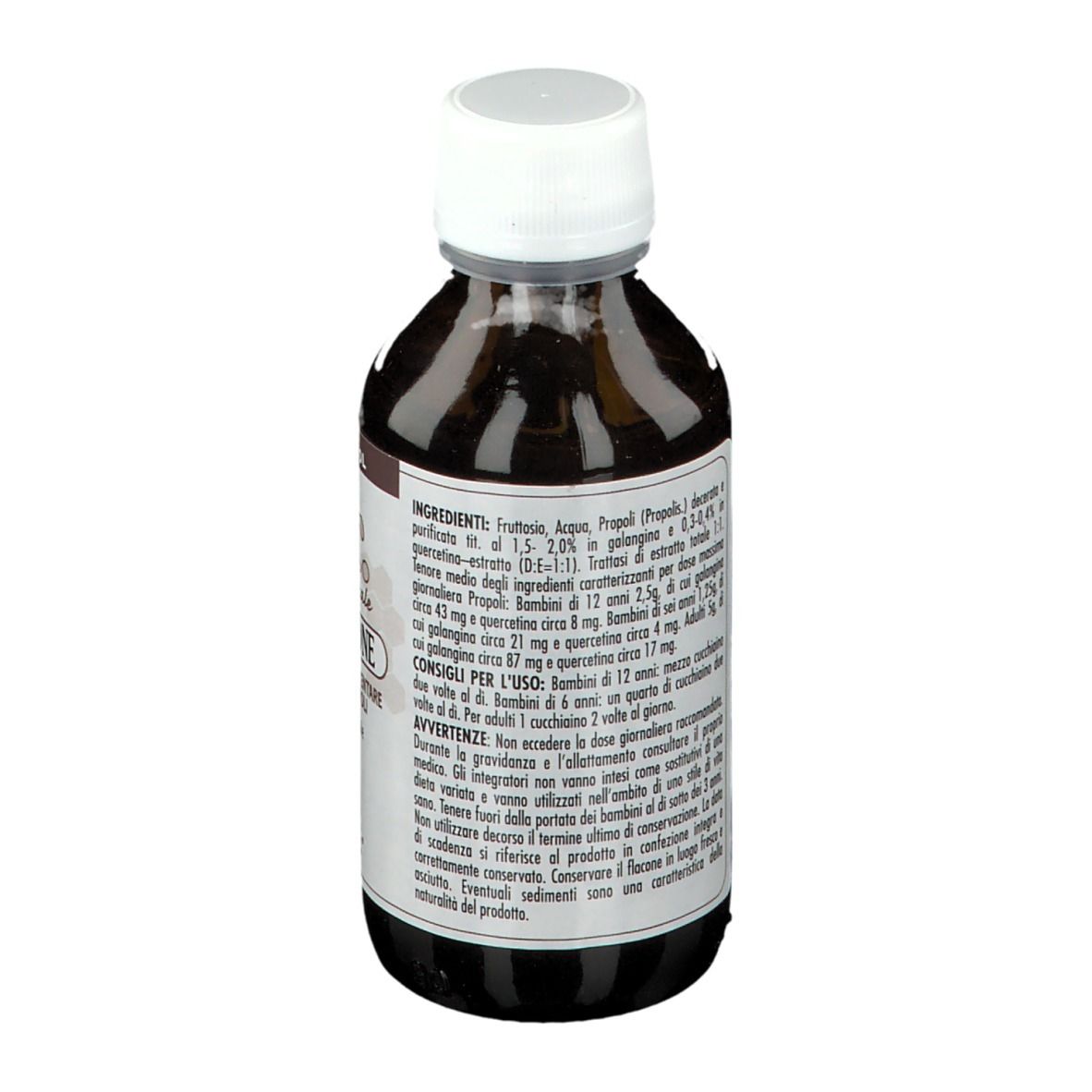 Bottiglia con liquido marrone e tappo bianco. Testo: E.T. Propolone, Lemuria®. Lista ingredienti.