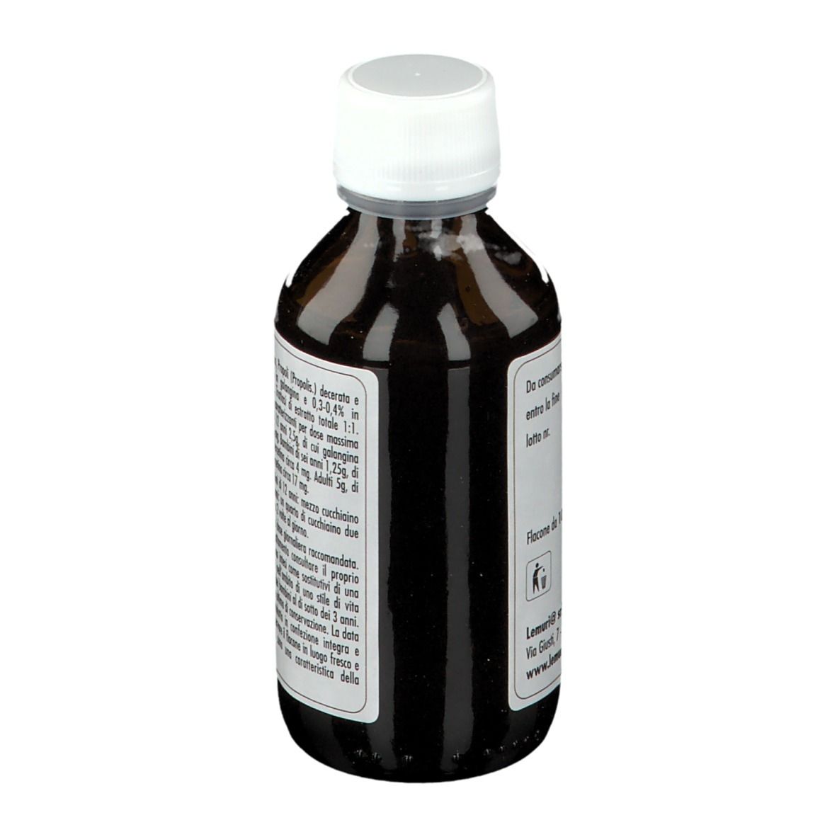 Bottiglia con liquido marrone e tappo bianco. Testo: E.T. Propolone, Lemuria®. Istruzioni.