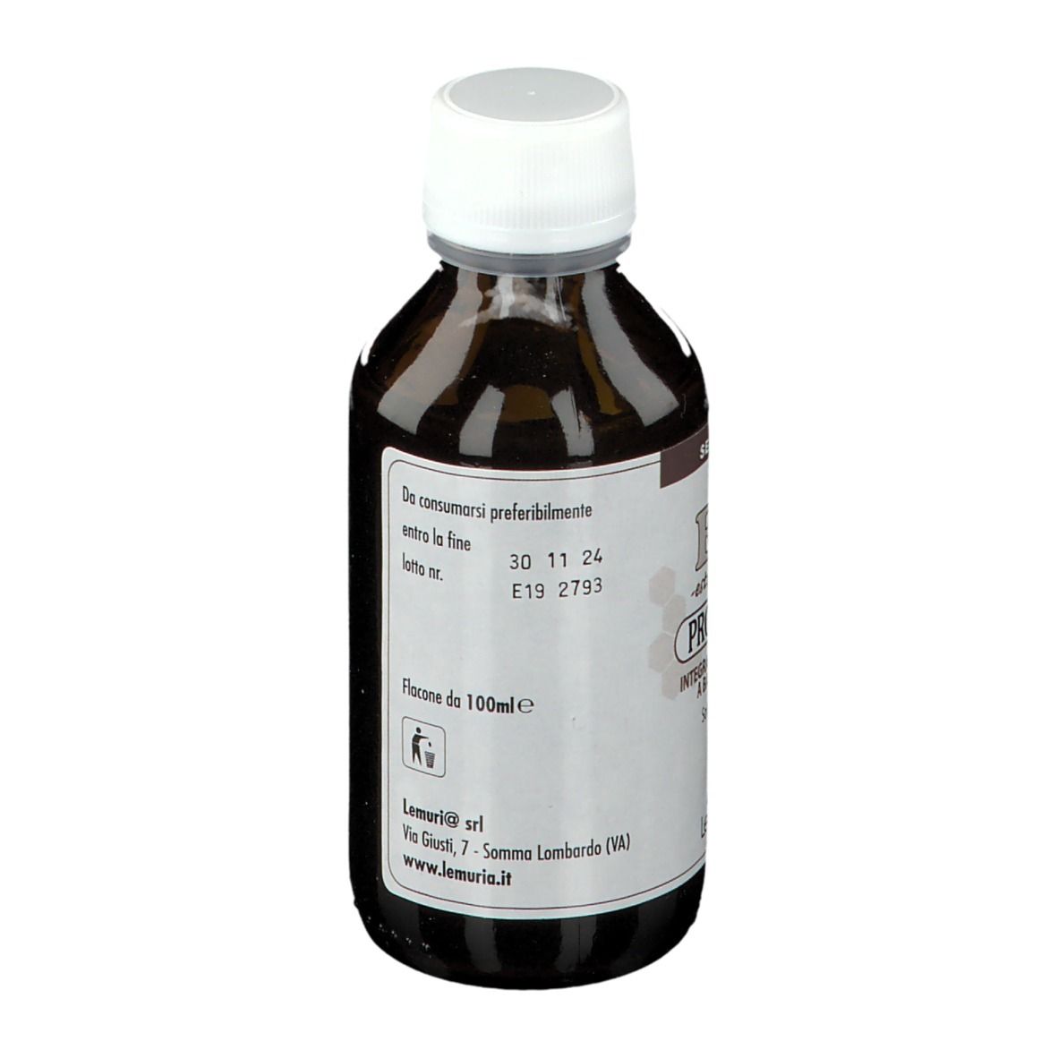 Bottiglia con liquido marrone e tappo bianco. Testo: E.T. Propolone, Lemuria®. Scadenza.