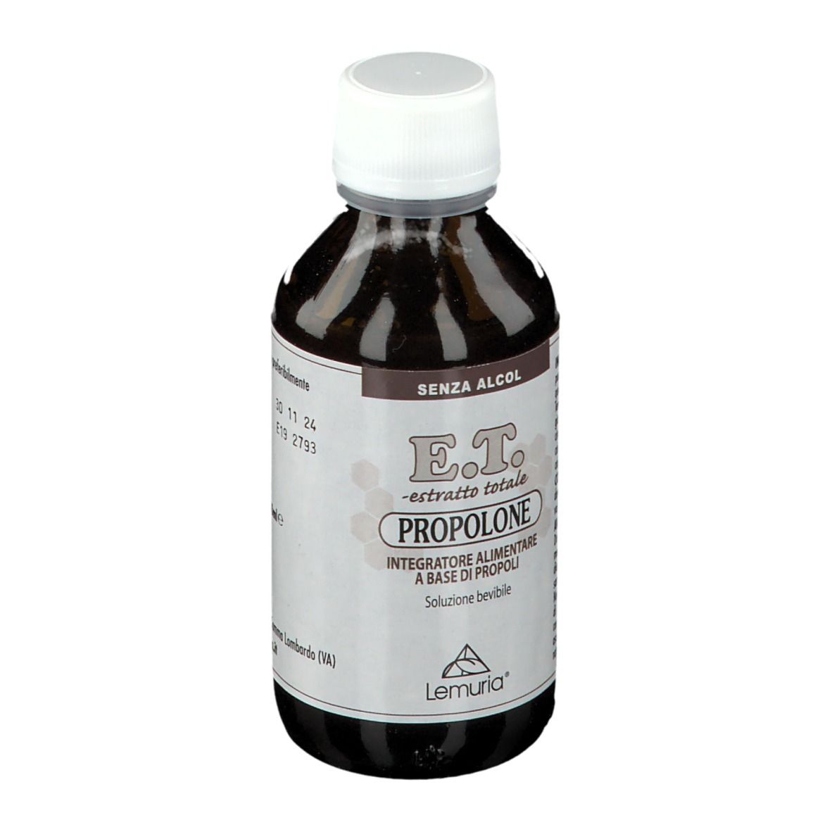 Bottiglia con liquido marrone e tappo bianco. Testo: E.T. Propolone, Lemuria®. Senza alcool.