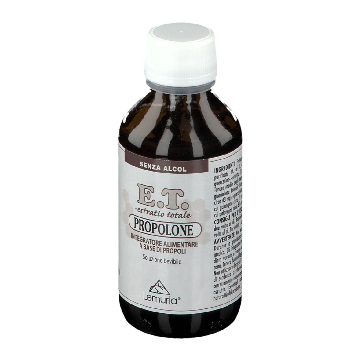 Bottiglia con liquido marrone e tappo bianco. Testo: E.T. Propolone, Lemuria®. Lista ingredienti.