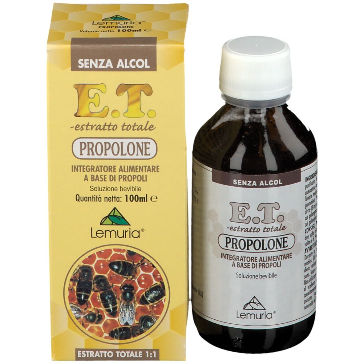 Bottiglia e scatola. Bottiglia con liquido marrone e tappo bianco. Testo: E.T. Propolone, Lemuria®.