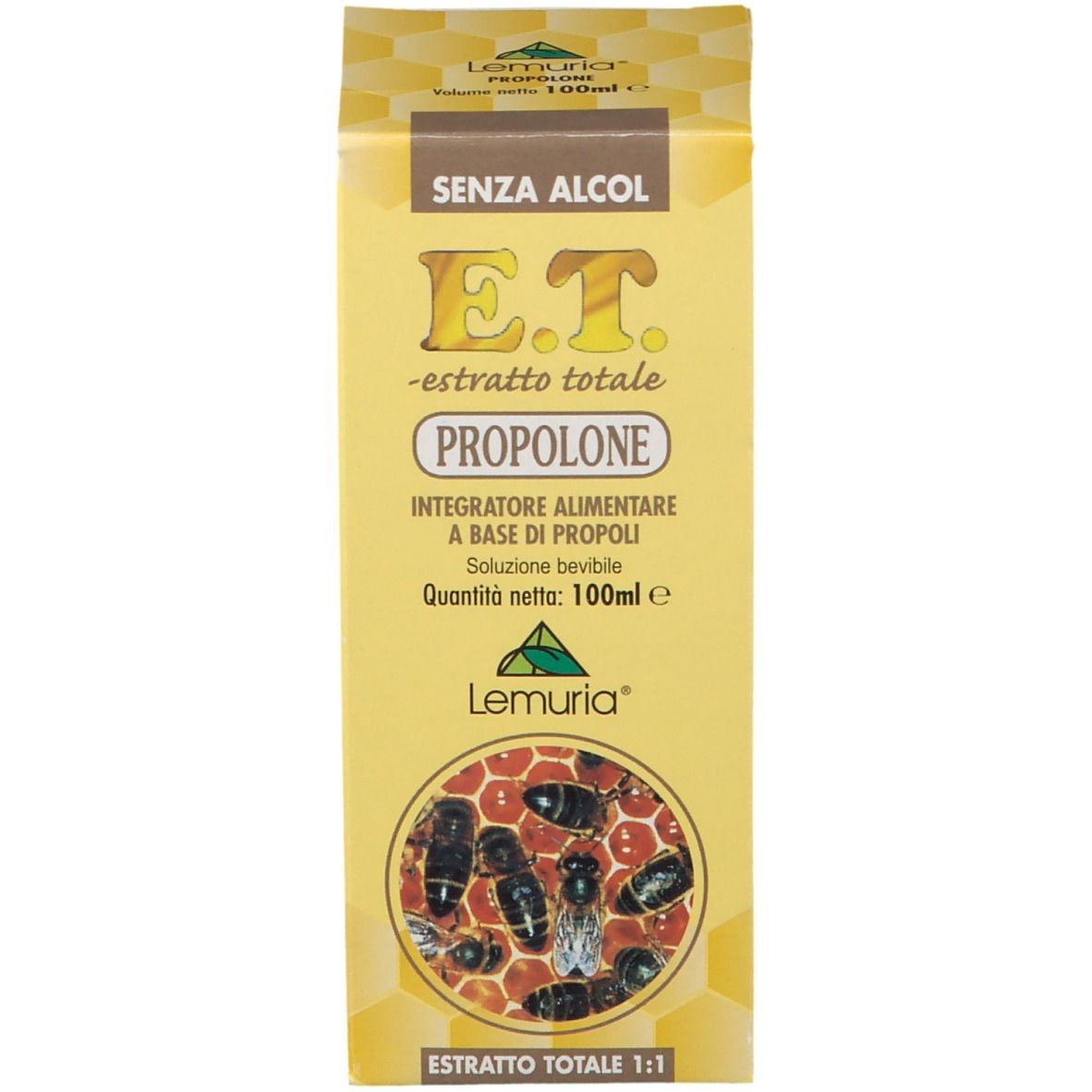 Scatola gialla con testo E.T. Propolone, Lemuria®. Immagine di api e favi.