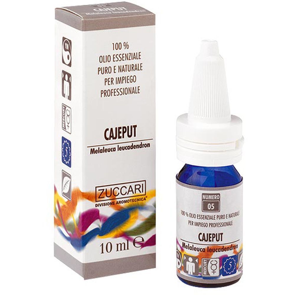 Flacone di olio blu con tappo bianco, con scatola. Scritto: Cajeput, 10 ml.
