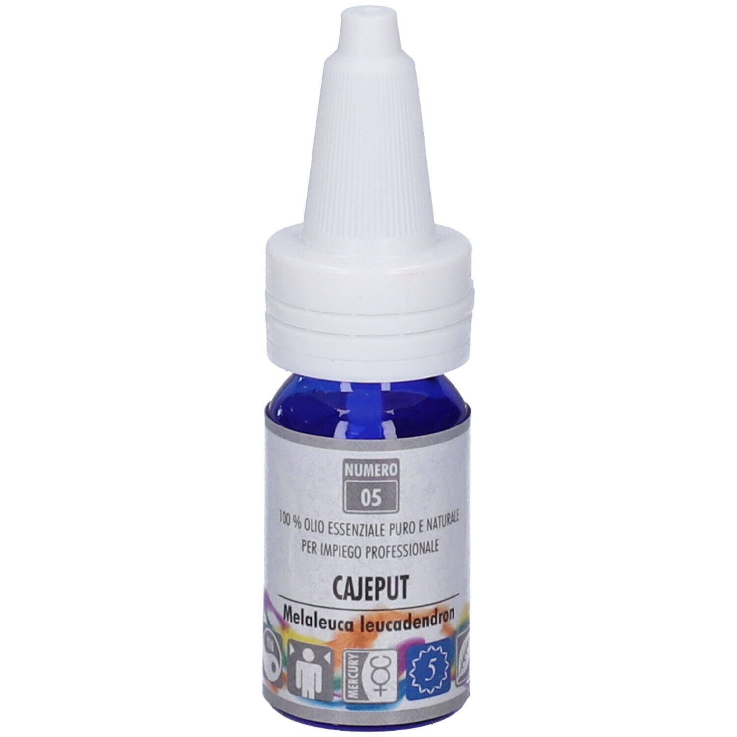 Flacone di olio blu con tappo bianco. Scritto: Cajeput, Melaleuca leucadendron.