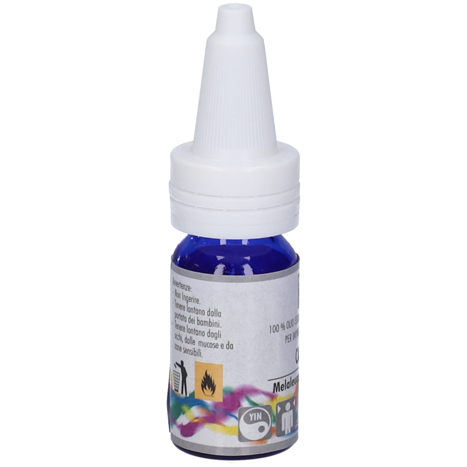 Flacone di olio blu con tappo bianco. Scritto: Cajeput, Melaleuca leucadendron.
