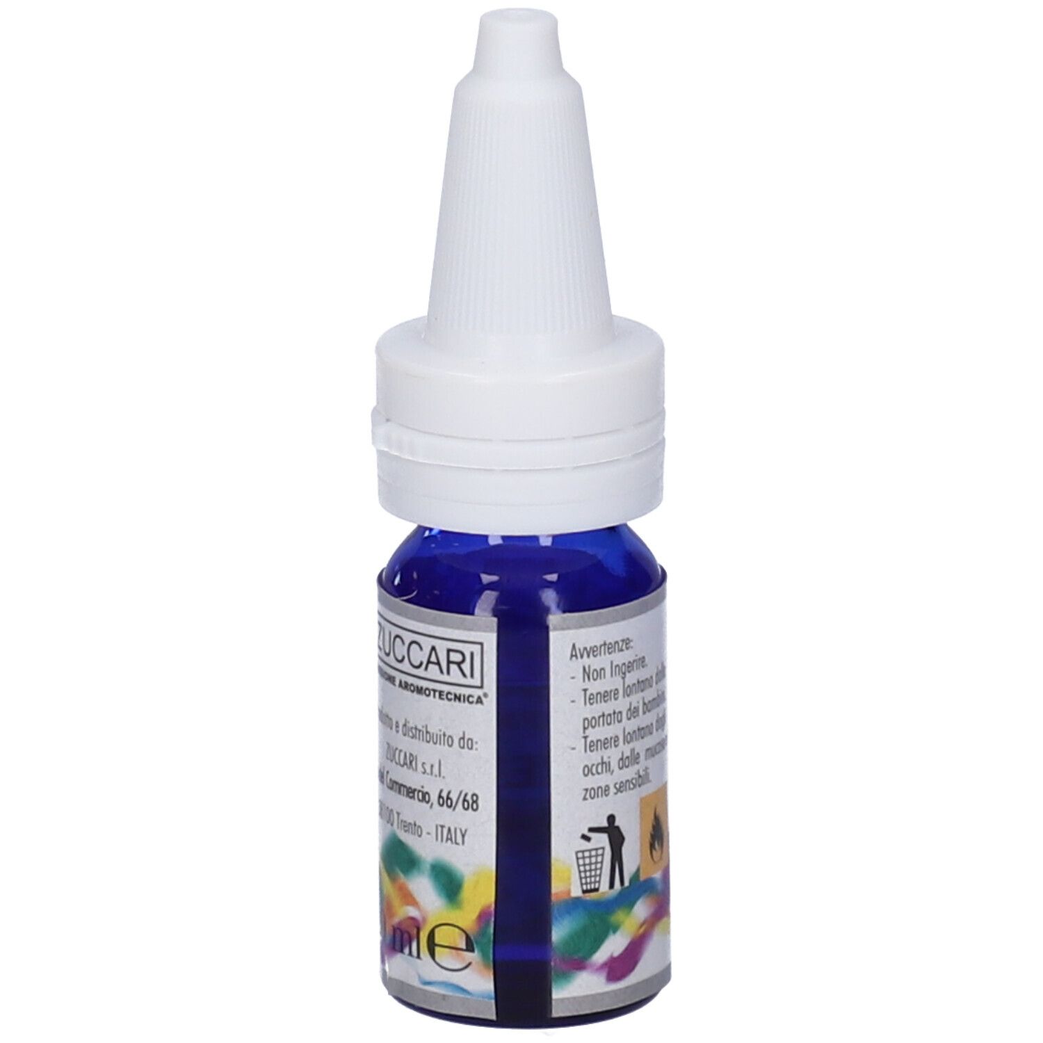 Flacone di olio blu con tappo bianco. Scritto: Cajeput, Melaleuca leucadendron.