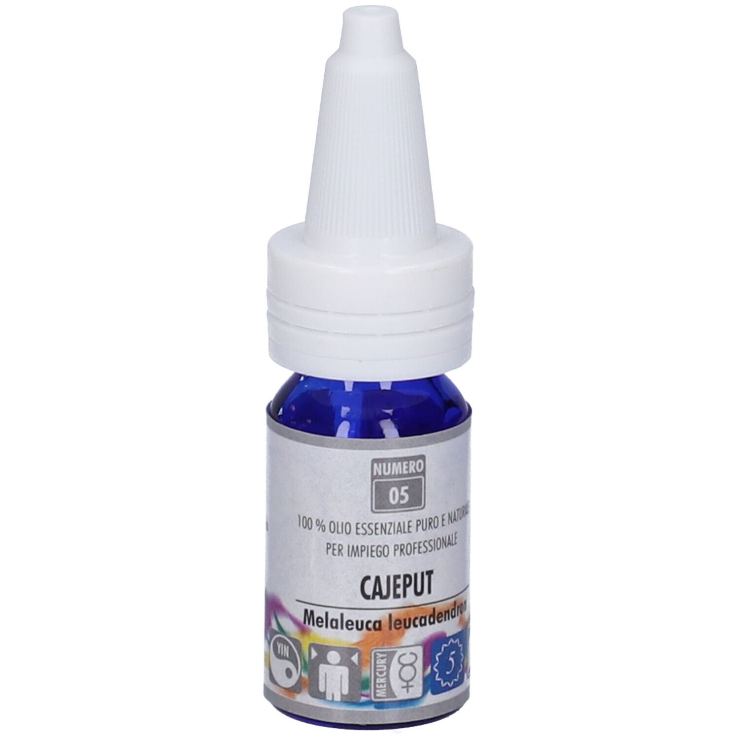 Flacone di olio blu con tappo bianco. Scritto: Cajeput, Melaleuca leucadendron.