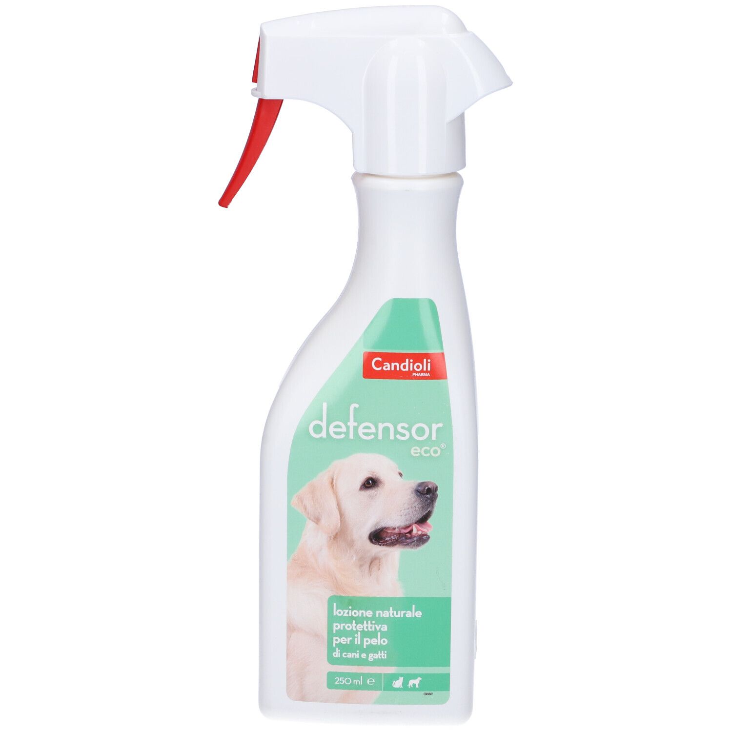 Flacone spray bianco con erogatore rosso. Etichetta con cane e testo: defensor eco. Confezione verde e bianca.