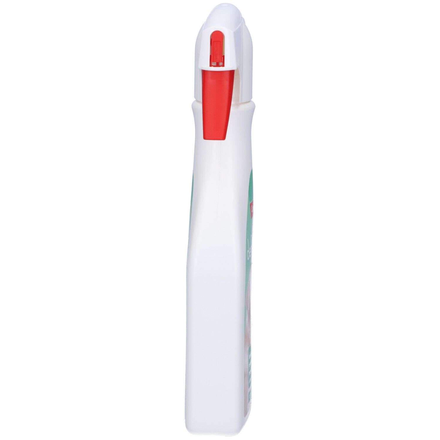Flacone spray bianco, vista laterale. Erogatore rosso. Etichetta con testo. Confezione verde e bianca.