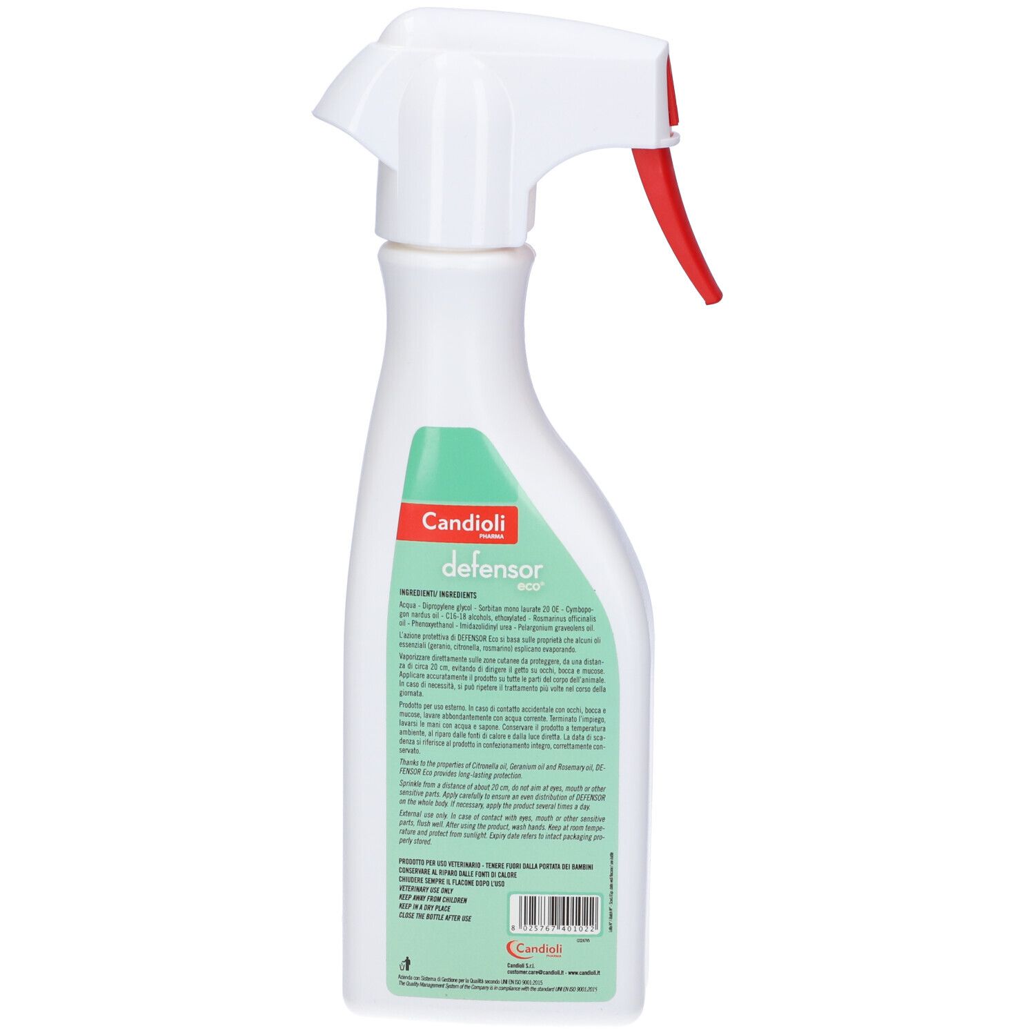 Flacone spray bianco, vista posteriore. Erogatore rosso. Testo su etichetta verde e bianca. Informazioni sul prodotto.