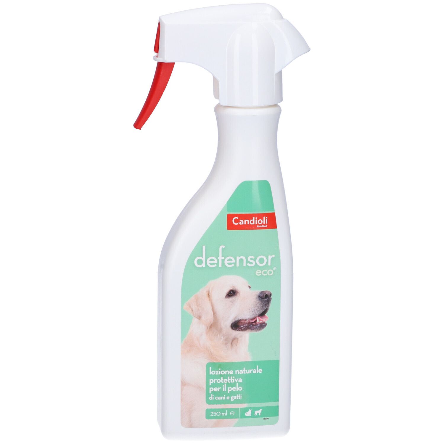 Flacone spray bianco con erogatore rosso. Etichetta con cane e testo: defensor eco. Confezione verde e bianca.