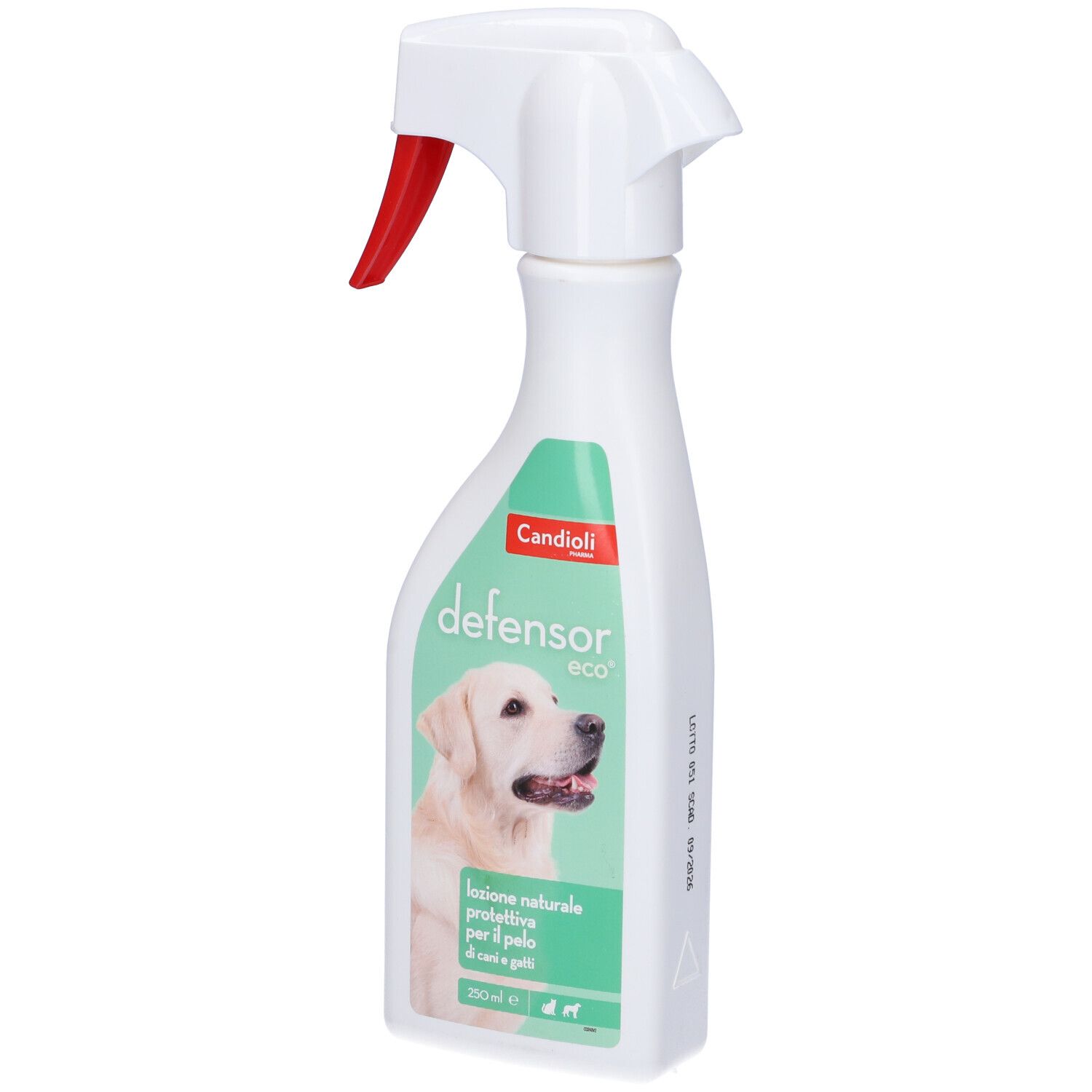 Flacone spray bianco con erogatore rosso. Etichetta con cane e testo: defensor eco. Confezione verde e bianca.