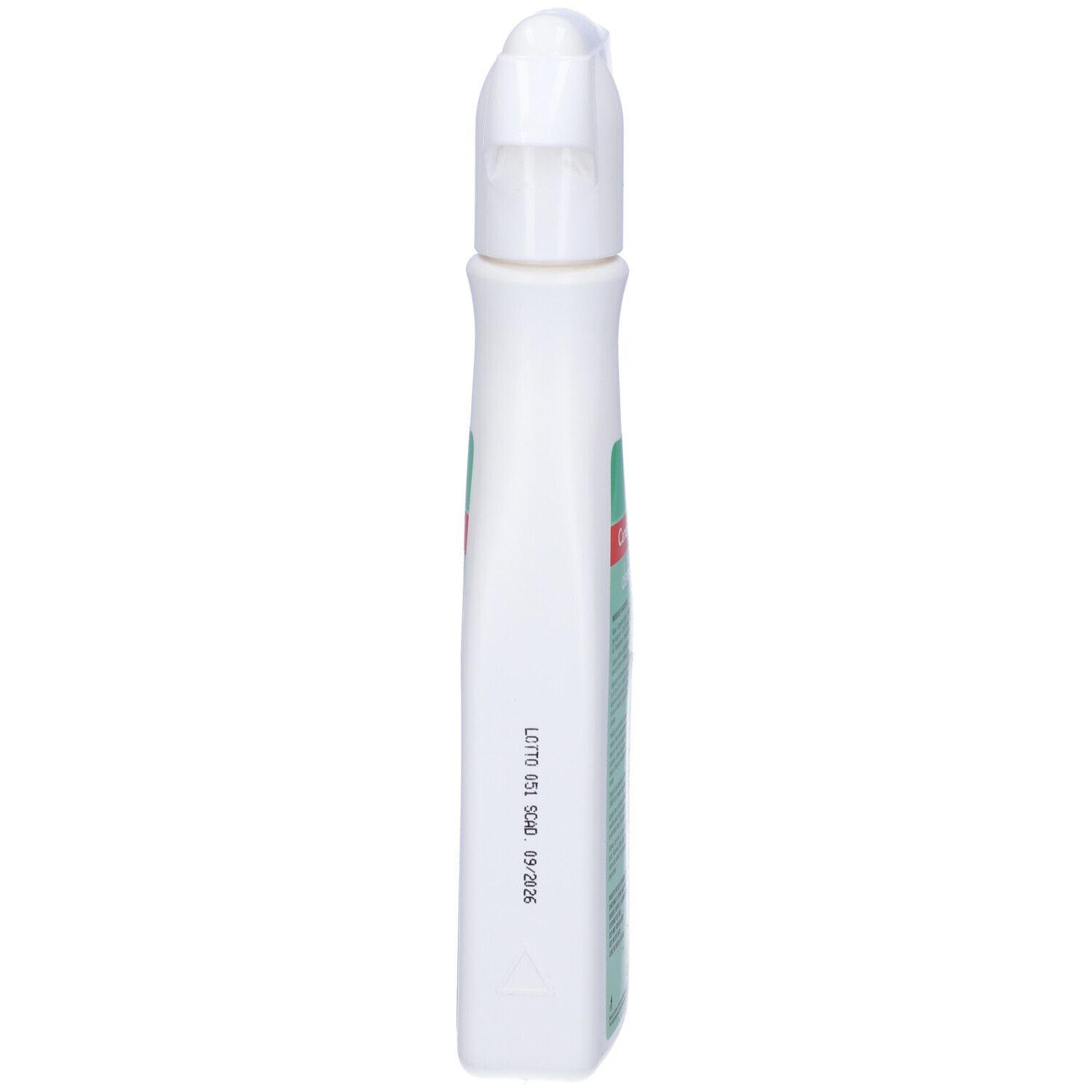 Flacone spray bianco, vista laterale. Parte superiore con erogatore. Testo su etichetta verde e bianca.