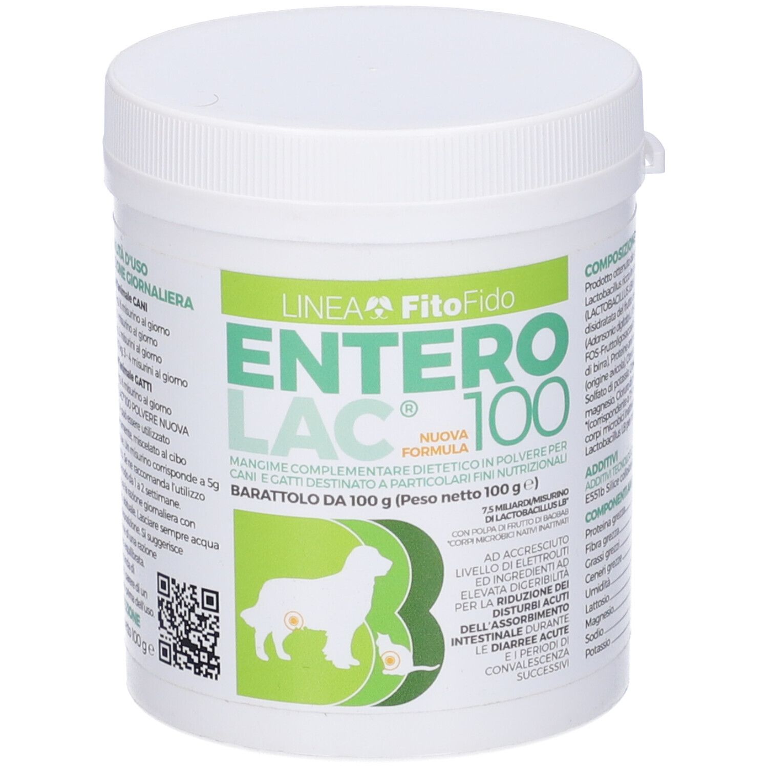 Contenitore bianco con etichetta verde. Scritta: ENTEROLAC 100. Illustrazione di un cane e di un gatto.