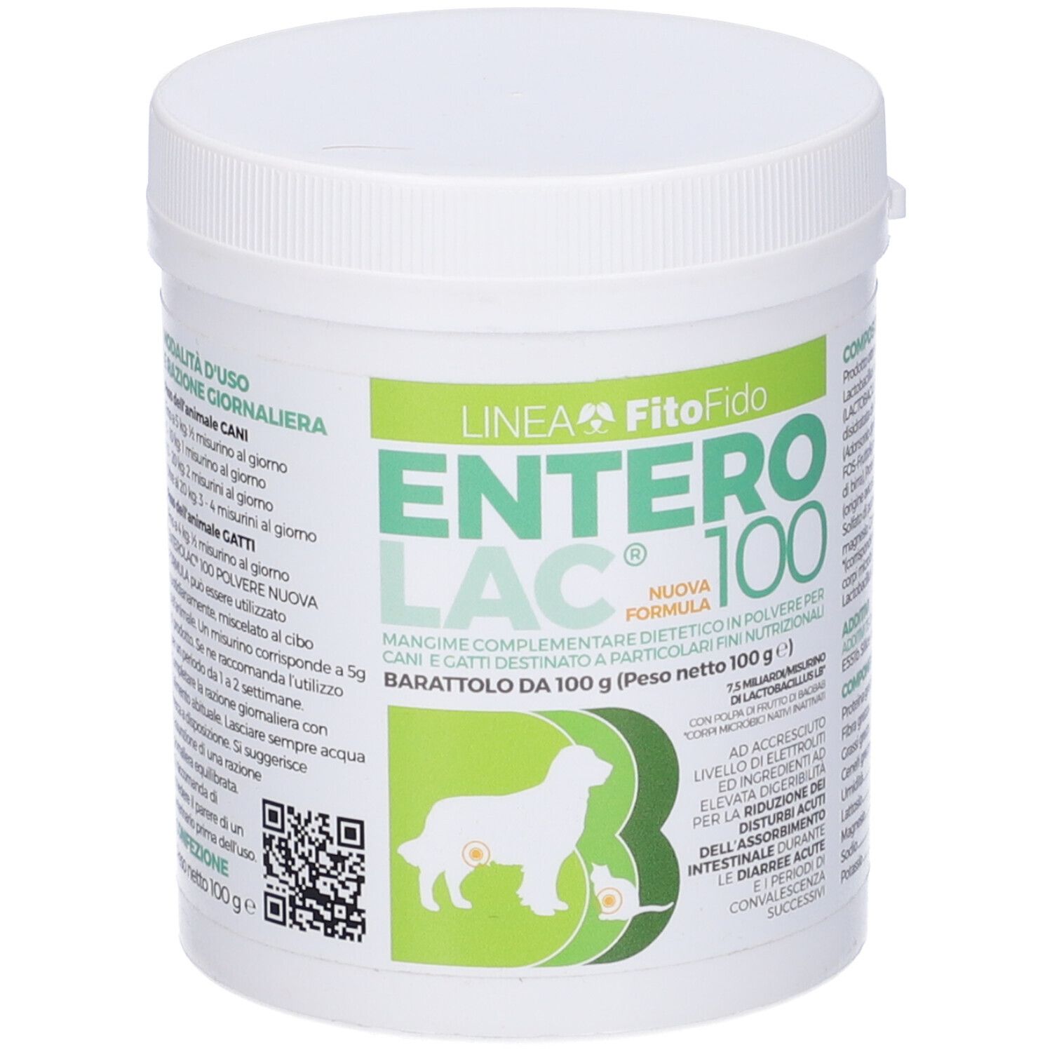 Contenitore bianco con etichetta verde. Scritta: ENTEROLAC 100. Illustrazione di un cane e di un gatto.