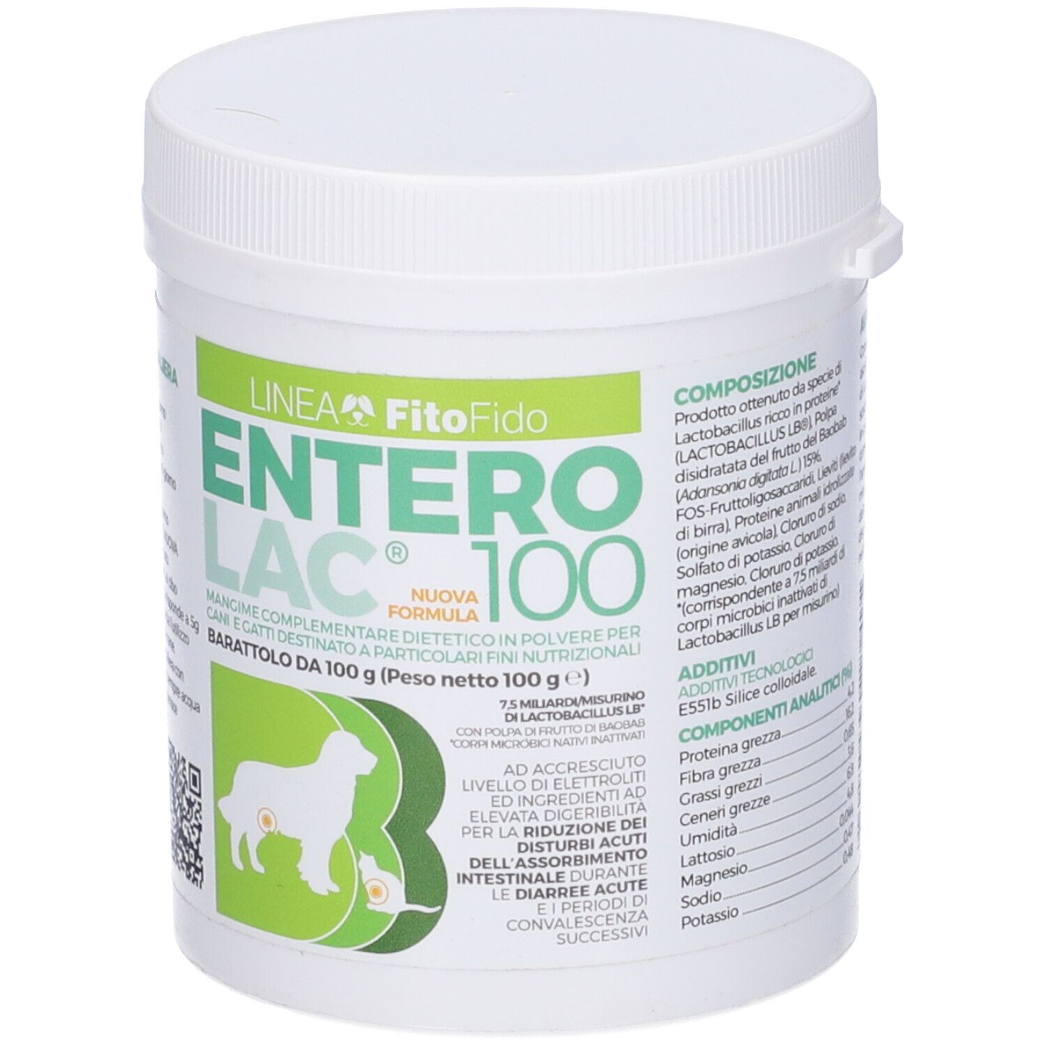 Contenitore bianco con etichetta verde. Scritta: ENTEROLAC 100. Illustrazione di un cane e di un gatto.