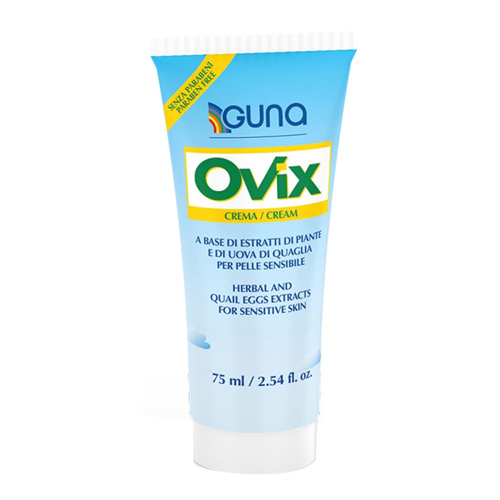 Tubo blu e bianco Ovix. Crema, estratti di erbe e uova di quaglia per pelli sensibili. 75 ml.