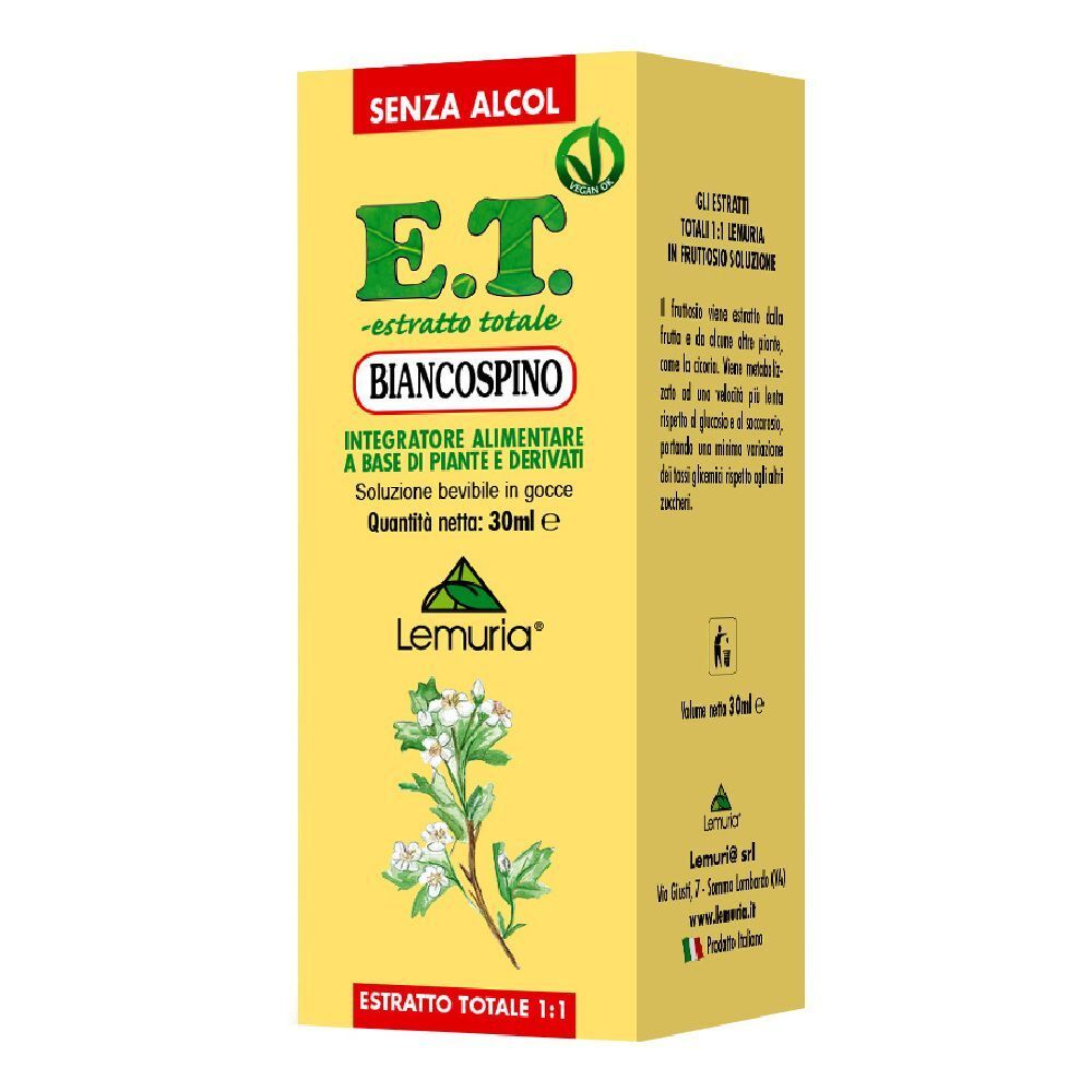 Scatola gialla con scritta E.T. - estratto totale Biancospino. Contiene 30ml. Marchio: Lemuria. Illustrazione di pianta.