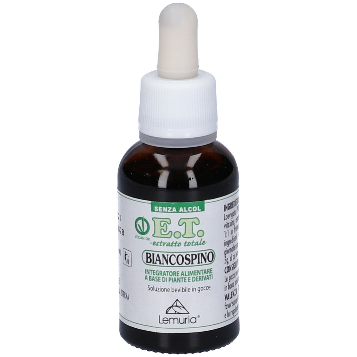 Flacone di vetro marrone con contagocce bianco. Scritta: E.T. - estratto totale Biancospino. Marchio: Lemuria. Sigillo vegano.