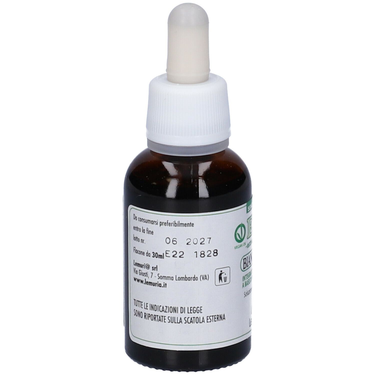 Flacone di vetro marrone con contagocce bianco. Scritta: E.T. - estratto totale Biancospino. Marchio: Lemuria. Sigillo vegano. Scadenza 06/2027.